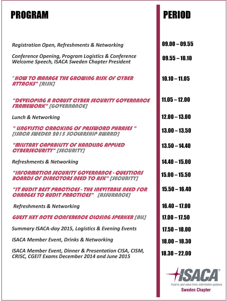 SWEDEN 2015 SCOLARSHIP AWARD] "MILITARY CAPABILITY OF HANDLING APPLIED CYBERSECURITY" [SECURITY] Refreshments & Networking "INFORMATION SECURITY GOVERNANCE - QUESTIONS BOARDS OF DIRECTORS NEED TO