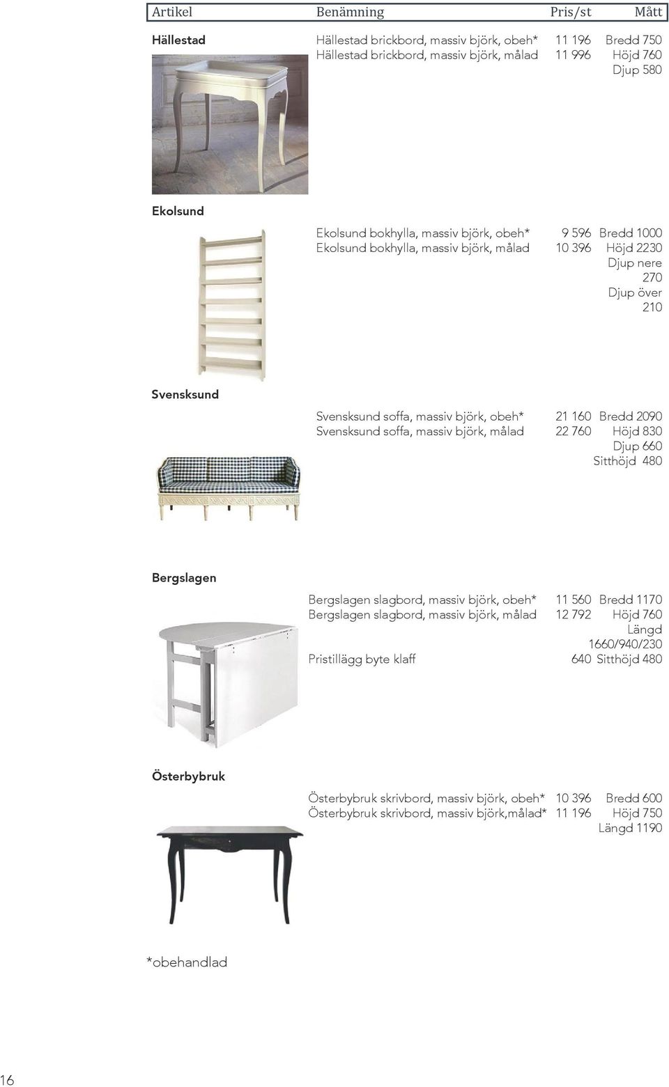 målad 21 160 Bredd 2090 22 760 Höjd 830 Djup 660 Sitthöjd 480 Bergslagen Bergslagen slagbord, massiv björk, obeh* Bergslagen slagbord, massiv björk, målad Pristillägg byte klaff 11 560 Bredd 1170 12