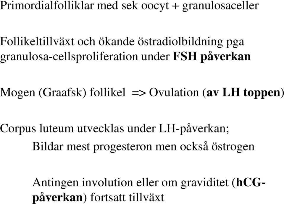 follikel => Ovulation (av LH toppen) Corpus luteum utvecklas under LH-påverkan; Bildar