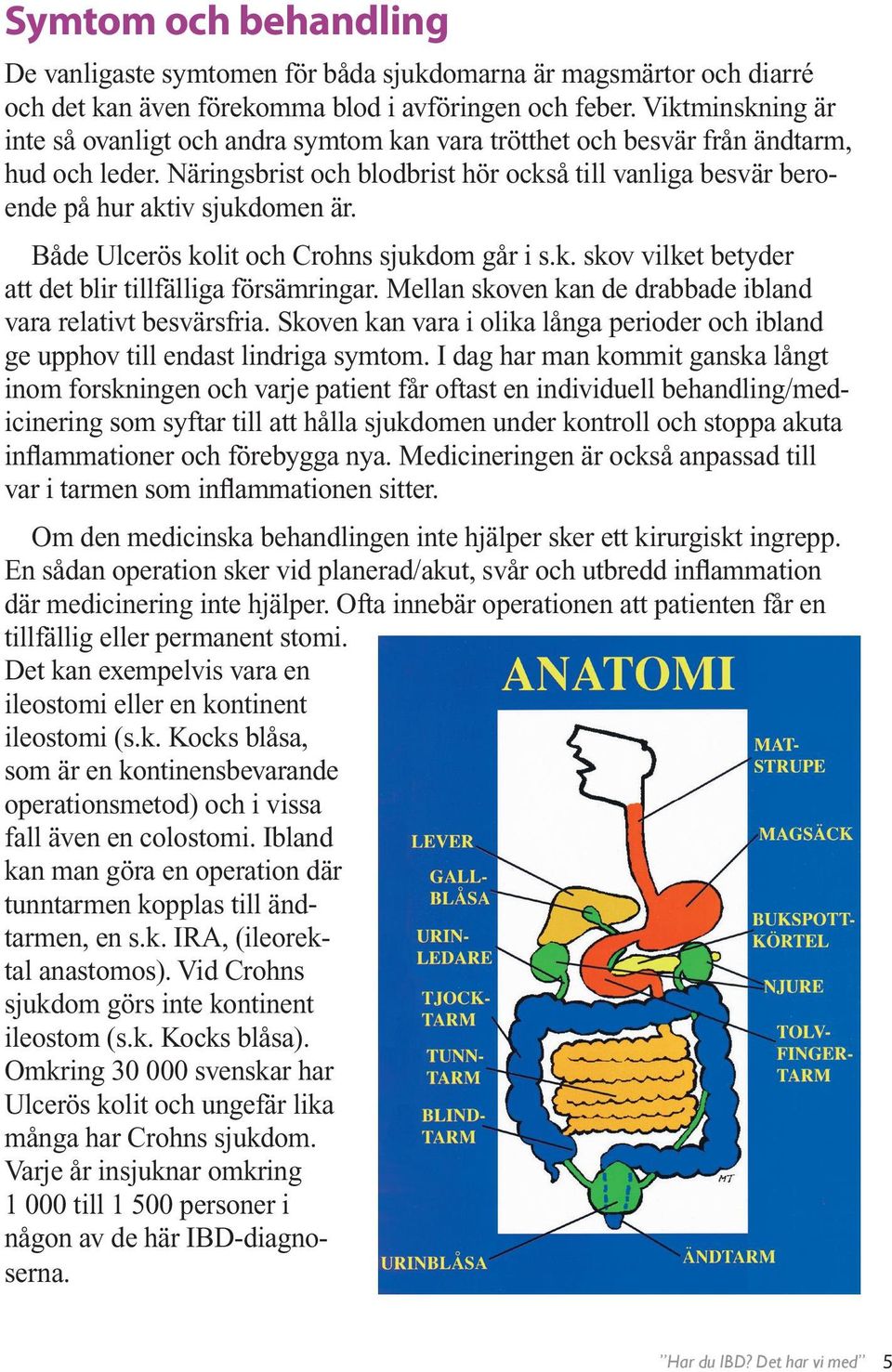 Näringsbrist och blodbrist hör också till vanliga besvär beroende på hur aktiv sjukdomen är. Både Ulcerös kolit och Crohns sjukdom går i s.k. skov vilket betyder att det blir tillfälliga försämringar.