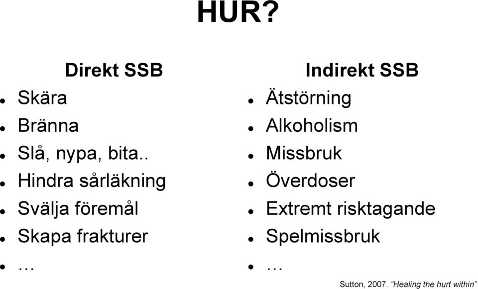 Indirekt SSB Ätstörning Alkoholism Missbruk Överdoser