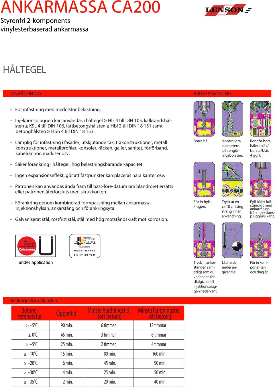 Lämplig för infästning i fasader, utskjutande tak, träkonstruktioner, metall konstruktioner, metallprofiler, konsoler, räcken, galler, sanitet, rörförband, kabelrännor, markiser osv. Borra hål.