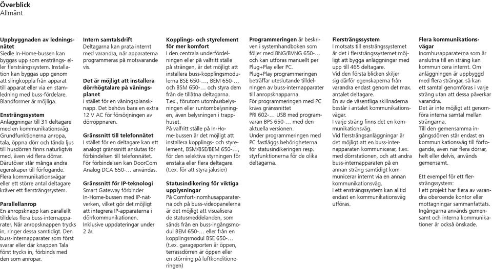 Ensträngssystem Anläggningar till 31 deltagare med en kommunikationsväg. Grundfunktionerna anropa, tala, öppna dörr och tända ljus till husdörren finns naturligtvis med, även vid flera dörrar.