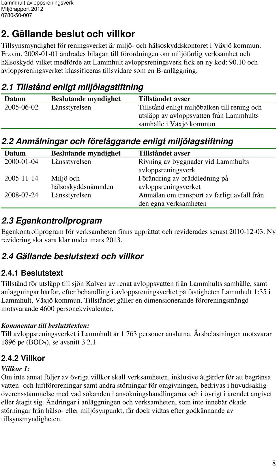 1 Tillstånd enligt miljölagstiftning Datum Beslutande myndighet Tillståndet avser 2005-06-02 Länsstyrelsen Tillstånd enligt miljöbalken till rening och utsläpp av avloppsvatten från Lammhults