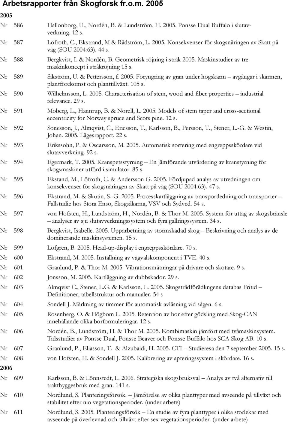 Nr 589 Sikström, U. & Pettersson, f. 2005. Föryngring av gran under högskärm avgångar i skärmen, plantförekomst och planttillväxt. 105 s. Nr 590 Wilhelmsson, L. 2005. Characterisation of stem, wood and fiber properties industrial relevance.
