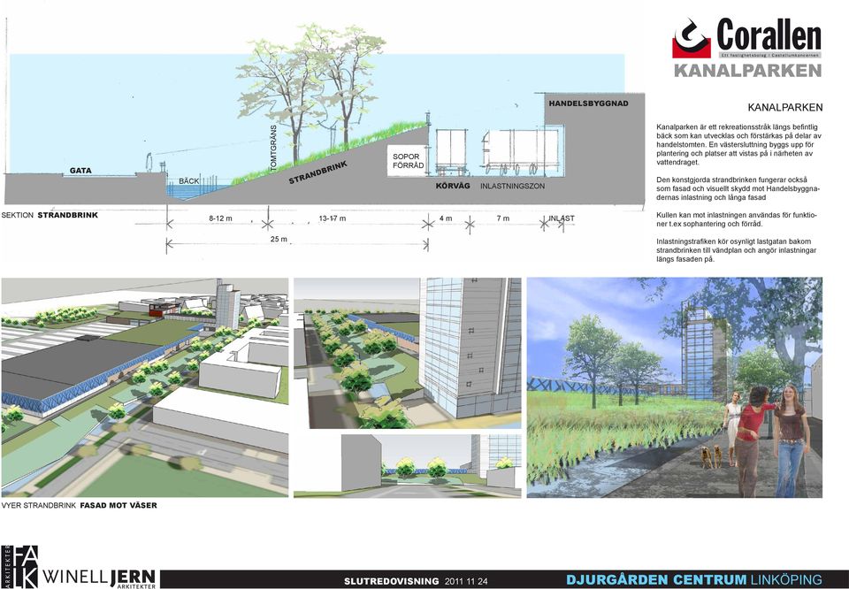 Den konstgjorda strandbrinken fungerar också som fasad och visuellt skydd mot Handelsbyggnadernas inlastning och långa fasad SEKTION STRANDBRINK 8-12 m 13-17 m 4 m 7 m INLAST 25 m