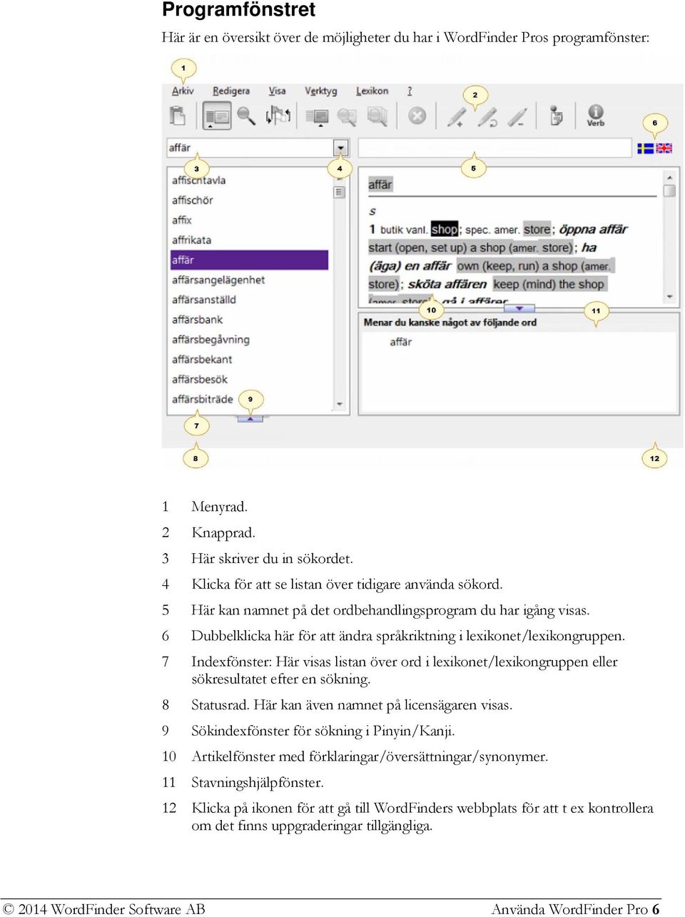 7 Indexfönster: Här visas listan över ord i lexikonet/lexikongruppen eller sökresultatet efter en sökning. 8 Statusrad. Här kan även namnet på licensägaren visas.