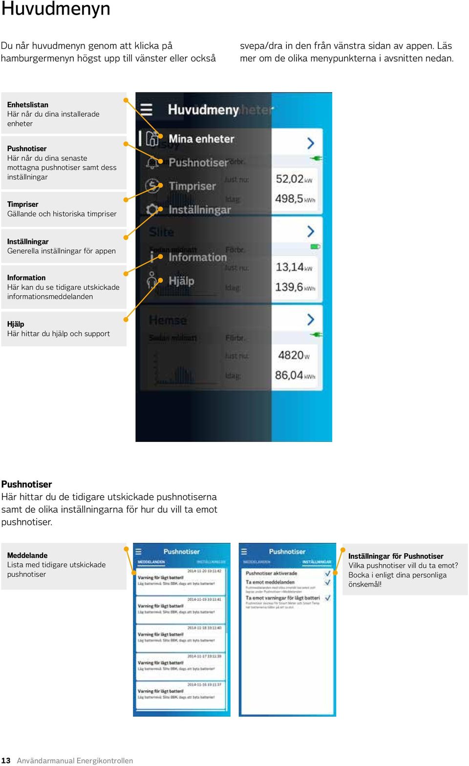 inställningar för appen Information Här kan du se tidigare utskickade informationsmeddelanden Hjälp Här hittar du hjälp och support Pushnotiser Här hittar du de tidigare utskickade pushnotiserna samt