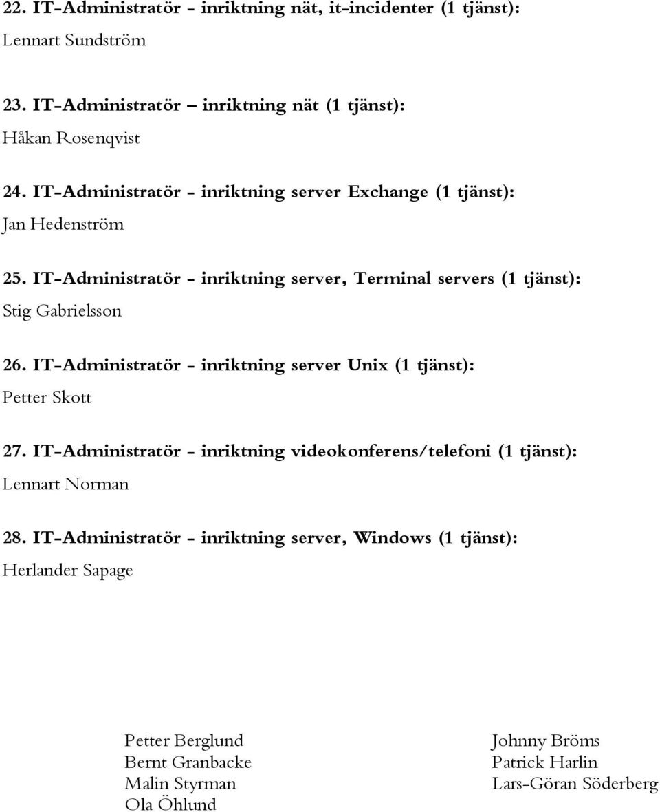 IT-Administratör - inriktning server Unix (1 tjänst): Petter Skott 27. IT-Administratör - inriktning videokonferens/telefoni (1 tjänst): Lennart Norman 28.