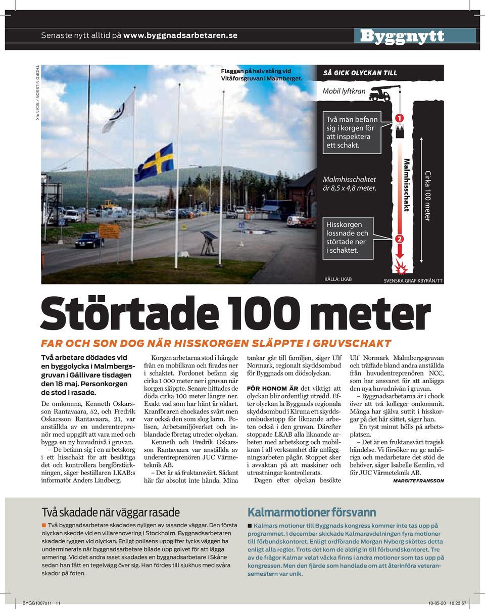 2 Malmhisschakt Cirka 100 meter KÄLLA: LKAB SVENSKA GRAFIKBYRÅN/TT Störtade 100 meter FAR OCH SON DOG NÄR HISSKORGEN SLÄPPTE I GRUVSCHAKT Två arbetare dödades vid en byggolycka i Malmbergsgruvan i