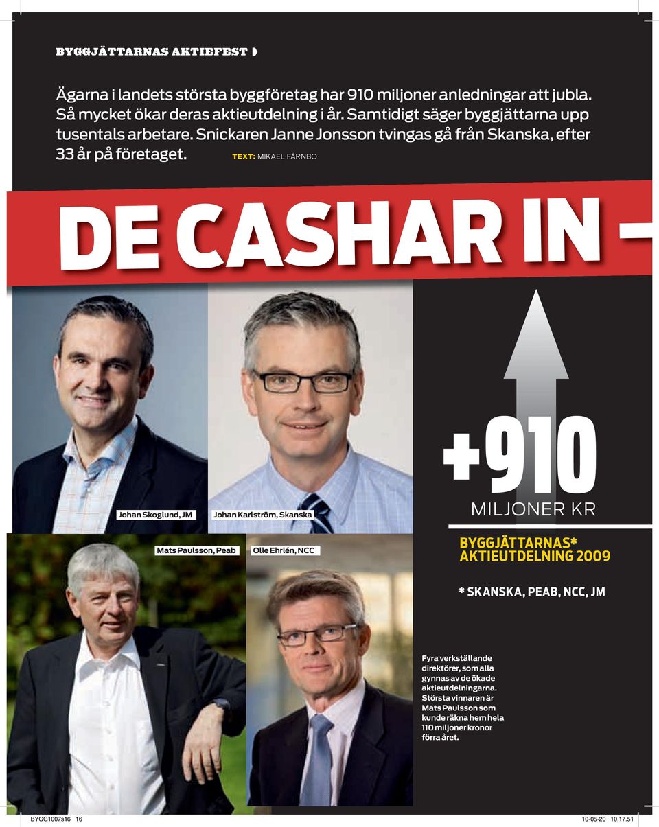 TEXT: MIKAEL FÄRNBO DE CASHAR IN Johan Skoglund, JM Johan Karlström, Skanska +910 MILJONER KR Mats Paulsson, Peab Olle Ehrlén, NCC BYGGJÄTTARNAS* AKTIEUTDELNING 2009 *