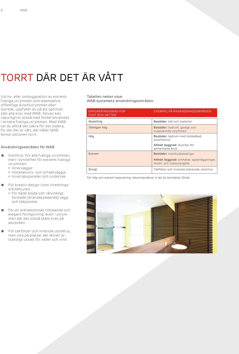 Användningsområden för WAB Inomhus: För alla fuktiga utrymmen, men i synnerhet för extremt fuktiga utrymmen.