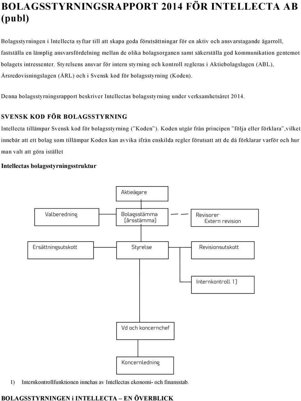 Styrelsens ansvar för intern styrning och kontroll regleras i Aktiebolagslagen (ABL), Årsredovisningslagen (ÅRL) och i Svensk kod för bolagsstyrning (Koden).