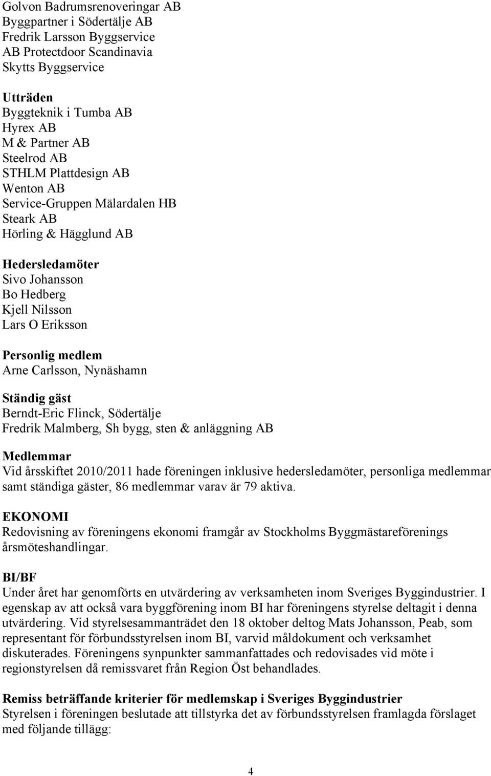 Nynäshamn Ständig gäst Berndt-Eric Flinck, Södertälje Fredrik Malmberg, Sh bygg, sten & anläggning AB Medlemmar Vid årsskiftet 2010/2011 hade föreningen inklusive hedersledamöter, personliga