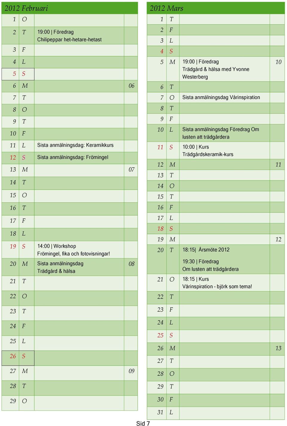 20 M Sista anmälningsdag Trädgård & hälsa 21 T 22 O 23 T 24 F 25 L 26 S 27 M 09 28 T 29 O 08 2012 Mars 1 T 2 F 3 L 4 S 5 M 19:00 Föredrag 10 Trädgård & hälsa med Yvonne Westerberg 6 T 7 O Sista