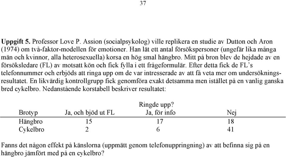 Mitt på bron blev de hejdade av en försöksledare (FL) av motsatt kön och fick fylla i ett frågeformulär.