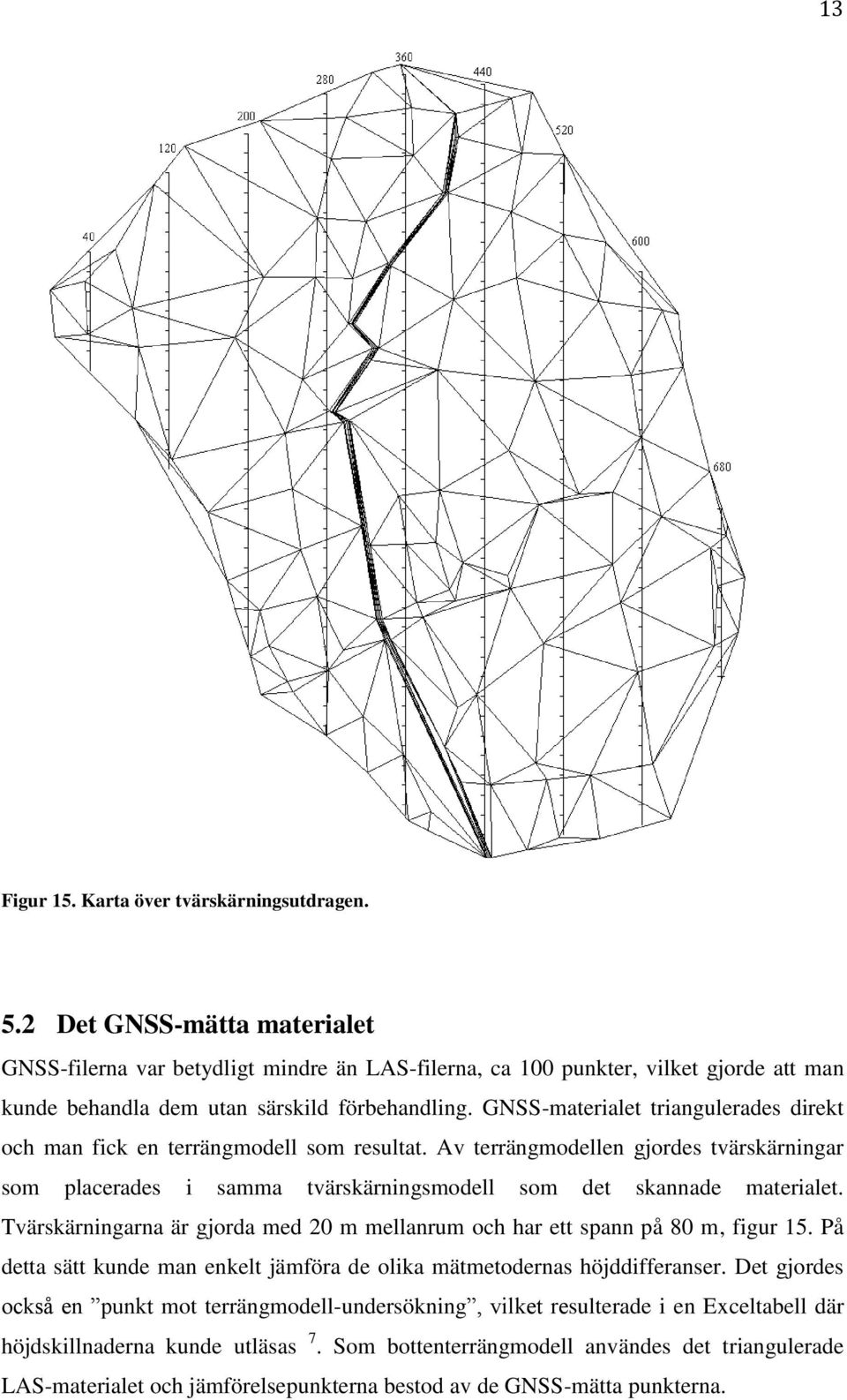 GNSS-materialet triangulerades direkt och man fick en terrängmodell som resultat. Av terrängmodellen gjordes tvärskärningar som placerades i samma tvärskärningsmodell som det skannade materialet.