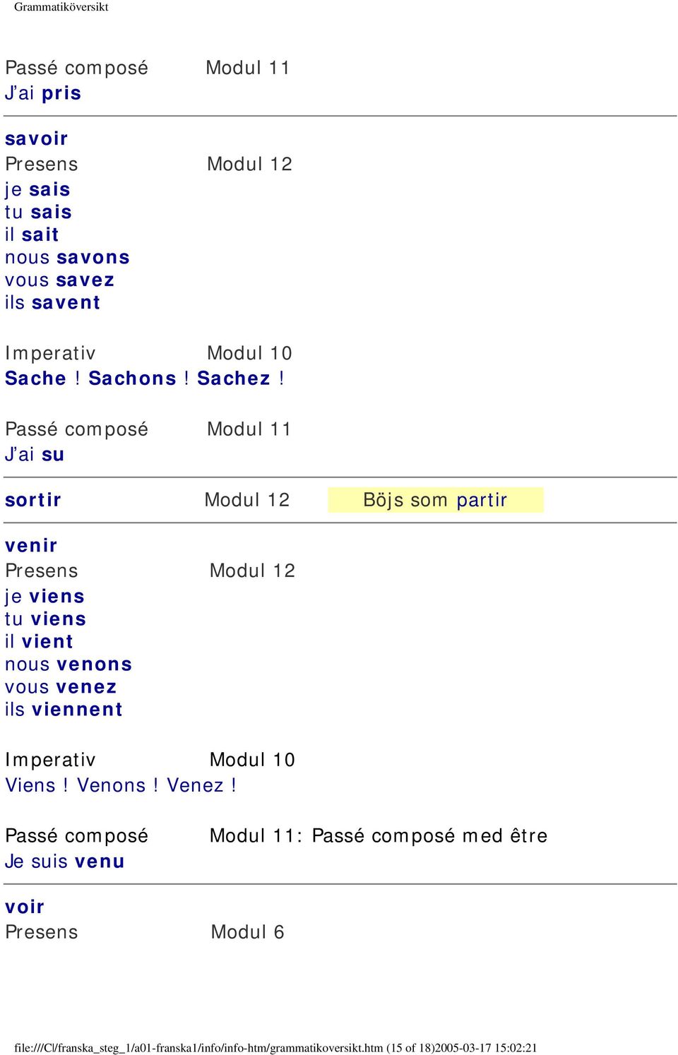 J ai su sortir Modul 12 Böjs som partir venir Presens Modul 12 je viens tu viens il vient nous venons vous venez