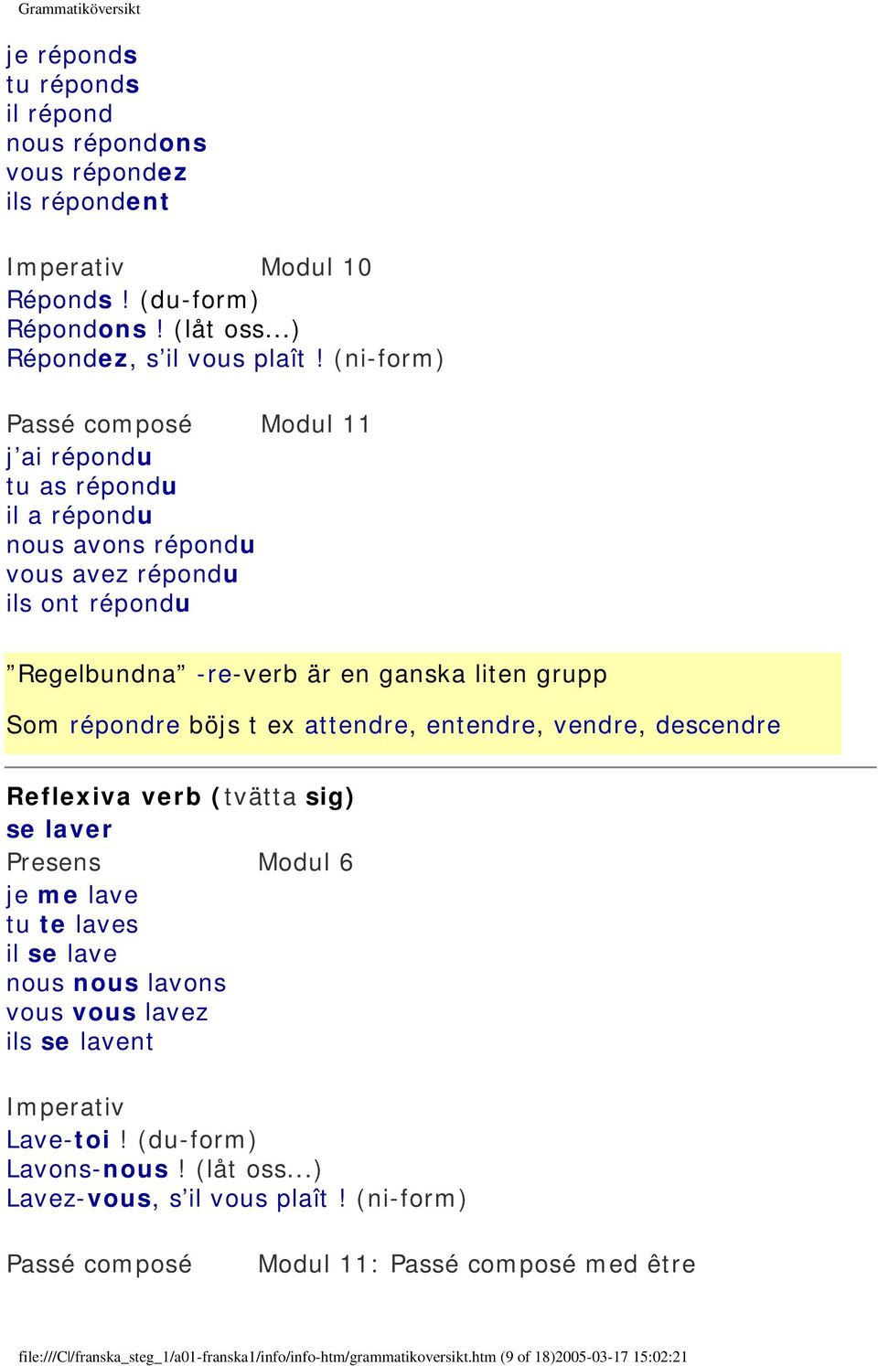 entendre, vendre, descendre Reflexiva verb (tvätta sig) se laver Presens Modul 6 je me lave tu te laves il se lave nous nous lavons vous vous lavez ils se lavent Imperativ Lave-toi!