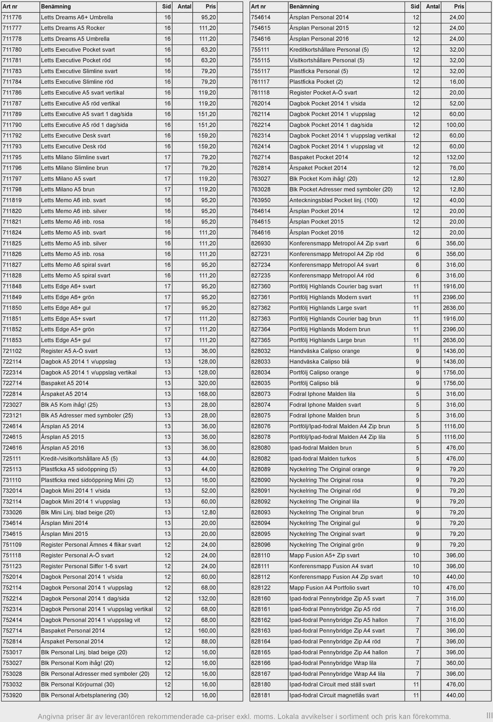 119,20 711789 Letts Executive A5 svart 1 dag/sida 16 151,20 711790 Letts Executive A5 röd 1 dag/sida 16 151,20 711792 Letts Executive Desk svart 16 159,20 711793 Letts Executive Desk röd 16 159,20