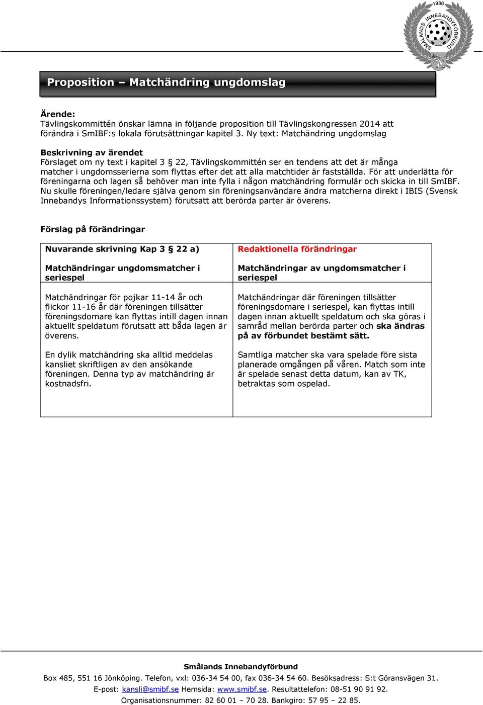 Ny text: Matchändring ungdomslag Beskrivning av ärendet Förslaget om ny text i kapitel 3 22, Tävlingskommittén ser en tendens att det är många matcher i ungdomsserierna som flyttas efter det att alla