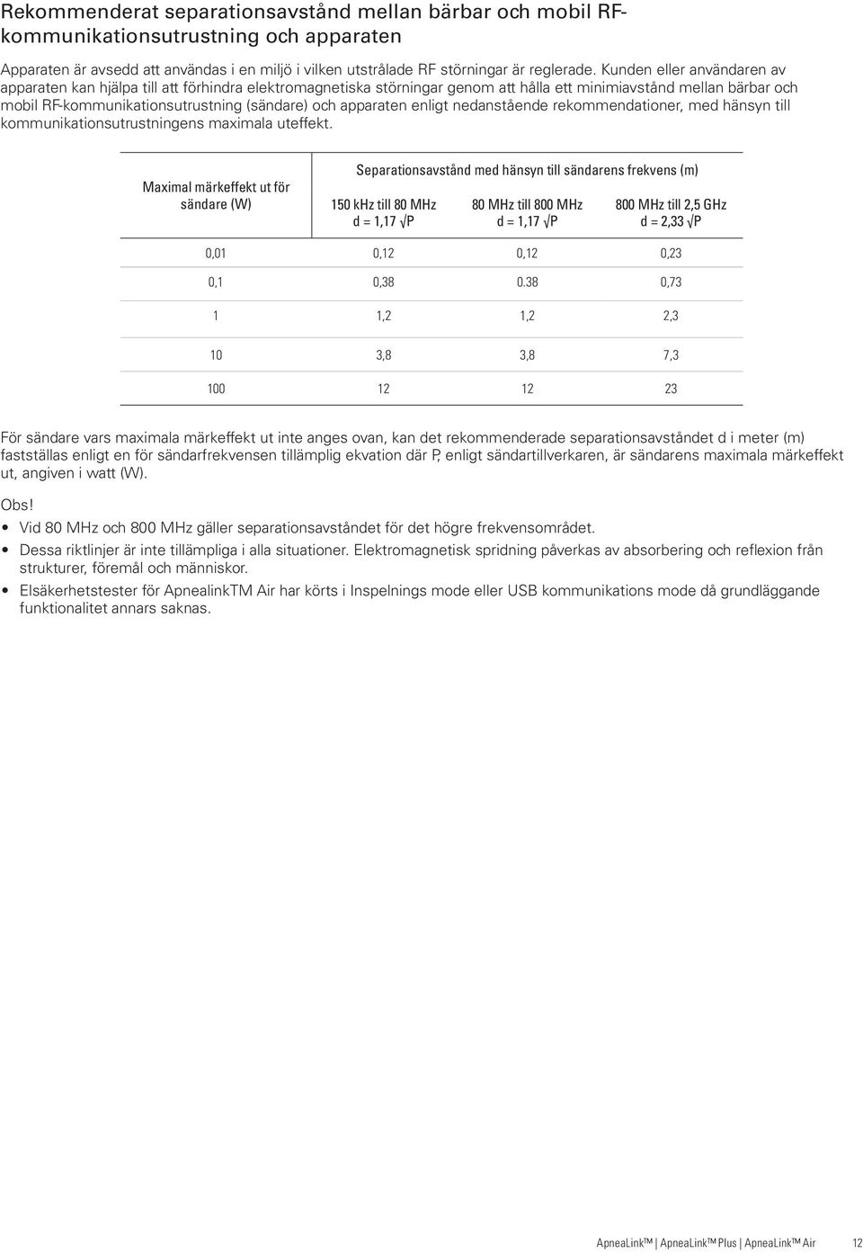 apparaten enligt nedanstående rekommendationer, med hänsyn till kommunikationsutrustningens maximala uteffekt.