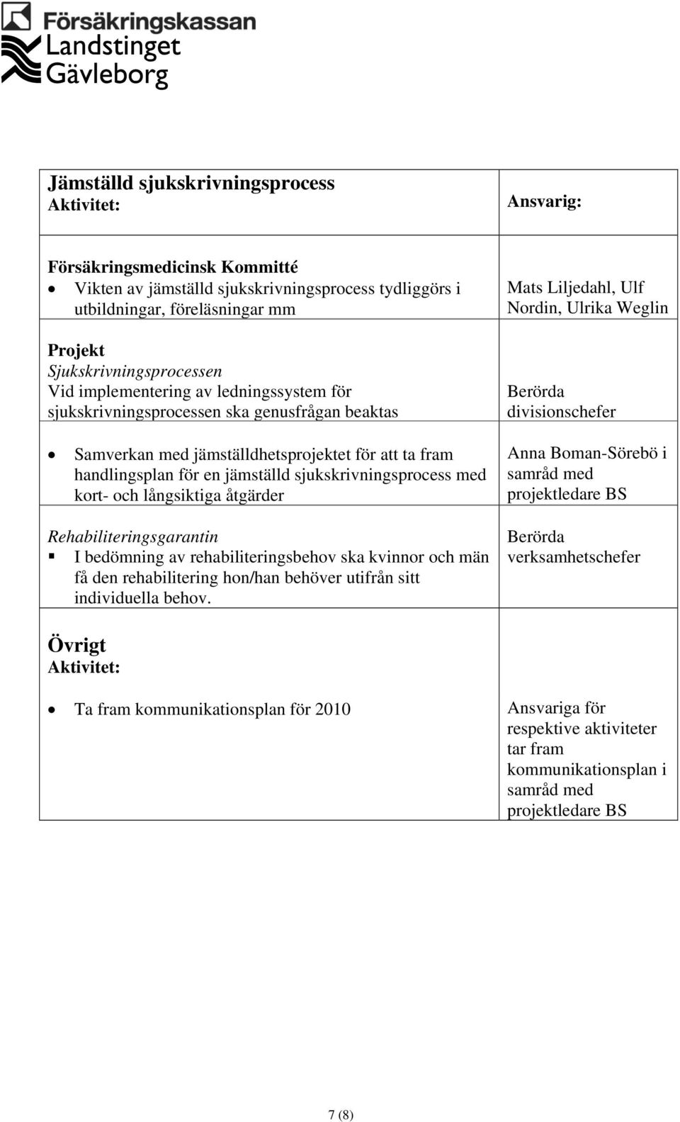 kort- och långsiktiga åtgärder I bedömning av rehabiliteringsbehov ska kvinnor och män få den rehabilitering hon/han behöver utifrån sitt individuella behov.