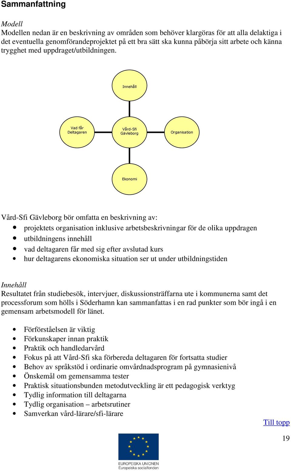 Innehåll Vad får Deltagaren Vård-Sfi Gävleborg Organisation Ekonomi Vård-Sfi Gävleborg bör omfatta en beskrivning av: projektets organisation inklusive arbetsbeskrivningar för de olika uppdragen