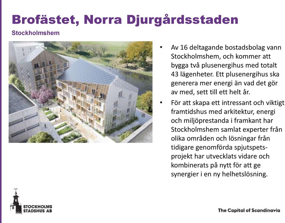 För att skapa ett intressant och viktigt framtidshus med arkitektur, energi och miljöprestanda i framkant har Stockholmshem samlat