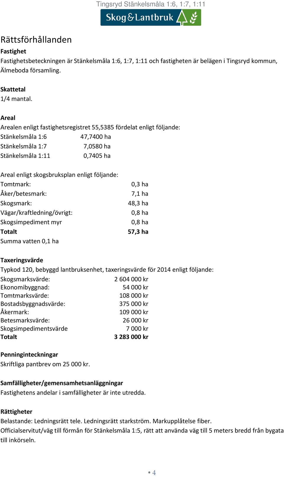 Areal Arealen enligt fastighetsregistret 55,5385 fördelat enligt följande: Stänkelsmåla 1:6 47,7400 ha Stänkelsmåla 1:7 7,0580 ha Stänkelsmåla 1:11 0,7405 ha Areal enligt skogsbruksplan enligt