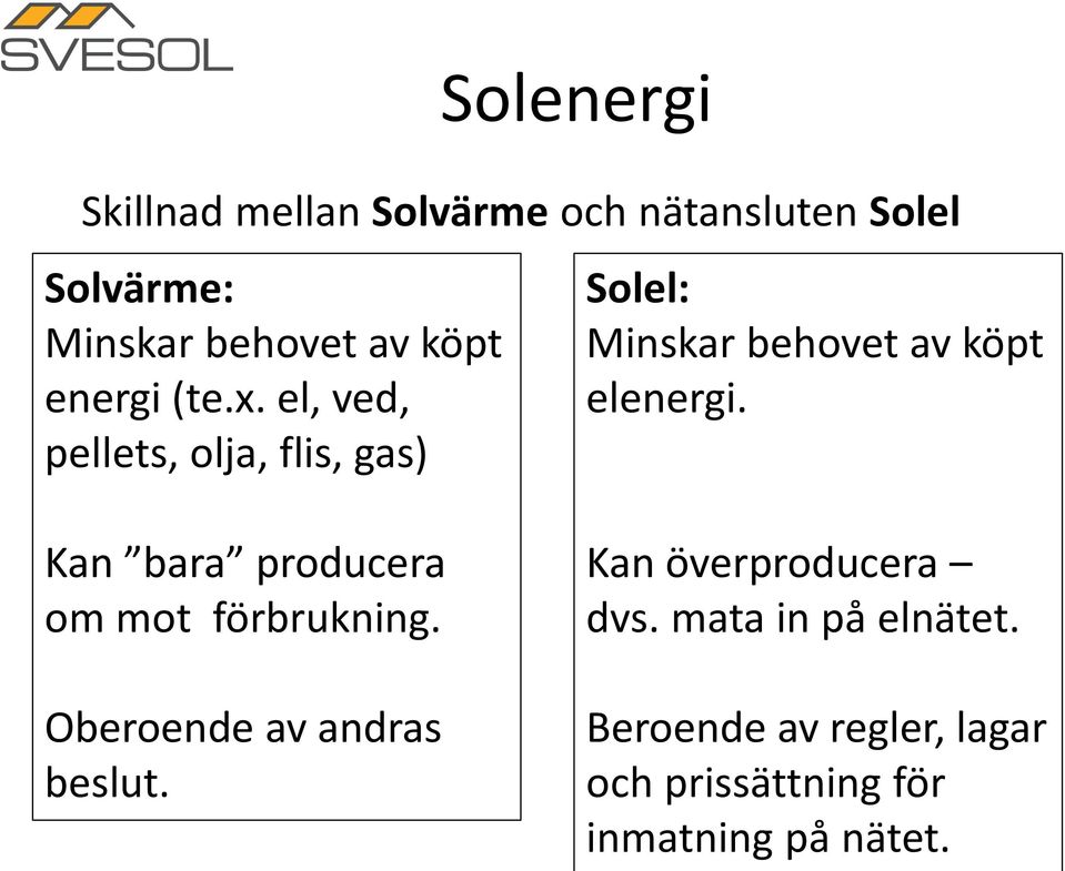 el, ved, pellets, olja, flis, gas) Solel: Minskar behovet av köpt elenergi.