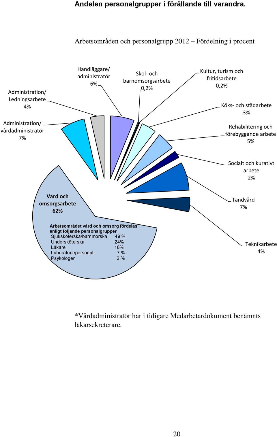 och fritidsarbete 0,2% Köks- och städarbete 3% Administration/ vårdadministratör 7% Rehabilitering och förebyggande arbete 5% Socialt och kurativt arbete 2% Vård och