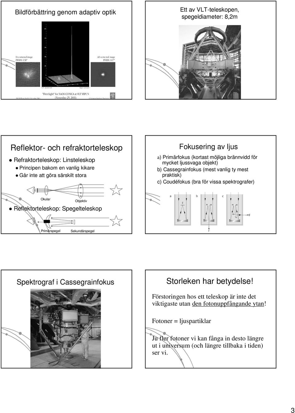 vanlig ty mest praktisk) c) Coudé Coudéfokus (bra fö för vissa spektrografer) Objektiv Reflektorteleskop: Reflektorteleskop: Spegelteleskop Primärspegel Sekundärspegel Spektrograf i Cassegrainfokus