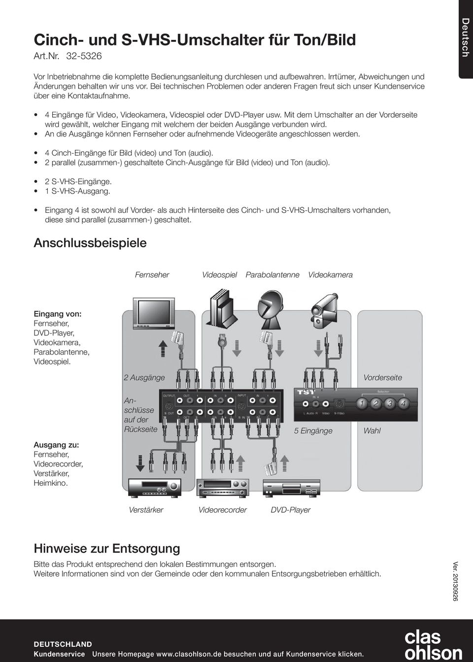 4 Eingänge für Video, Videokamera, Videospiel oder DVD-Player usw. Mit dem Umschalter an der Vorderseite wird gewählt, welcher Eingang mit welchem der beiden Ausgänge verbunden wird.