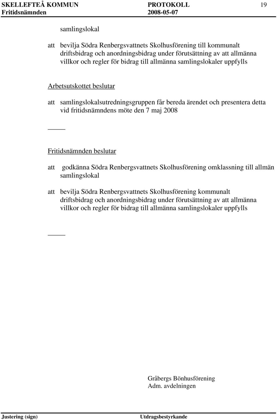 fritidsnämndens möte den 7 maj 2008 godkänna Södra Renbergsvnets Skolhusförening omklassning till allmän samlingslokal bevilja Södra Renbergsvnets Skolhusförening