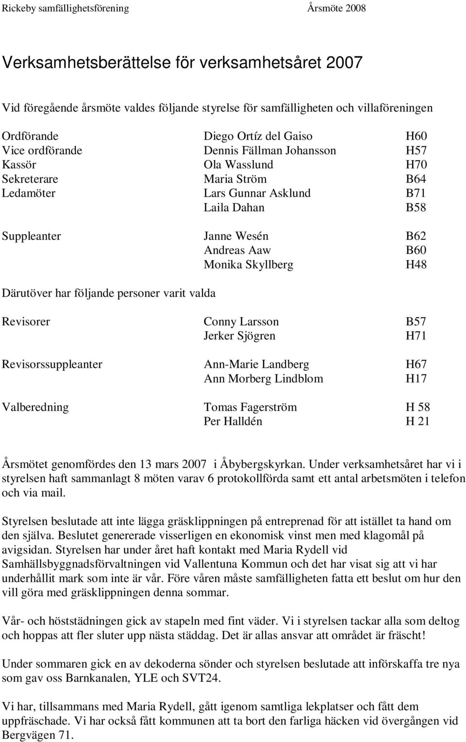 har följande personer varit valda Revisorer Conny Larsson B57 Jerker Sjögren H71 Revisorssuppleanter Ann-Marie Landberg H67 Ann Morberg Lindblom H17 Valberedning Tomas Fagerström H 58 Per Halldén H