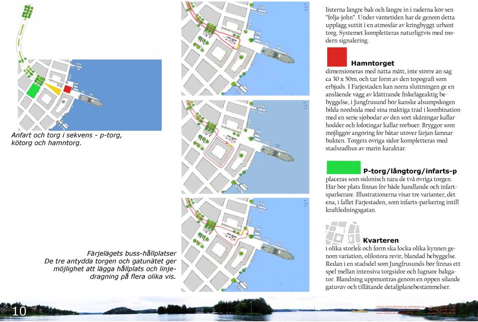 Hamntorget dimensioneras med nätta mått, inte större än säg ca 30 x 50m, och tar form av den topografi som erbjuds.