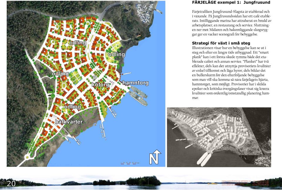 Strategi för växt i små steg Illustrationen visar hur en bebyggelse kan se ut i steg och efter en längre tids utbyggnad.