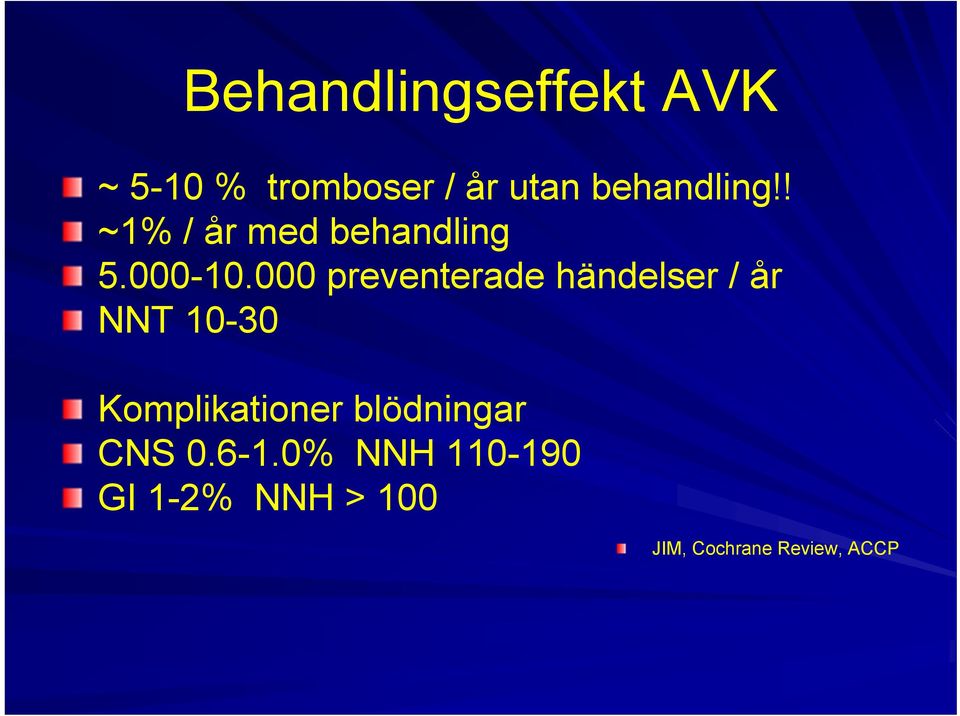 000 preventerade händelser / år NNT 10-30 Komplikationer