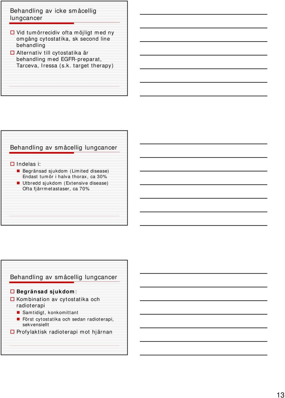 target therapy) Behandling av småcellig lungcancer Indelas i: Begränsad sjukdom (Limited disease) Endast tumör i halva thorax, ca 30% Utbredd sjukdom
