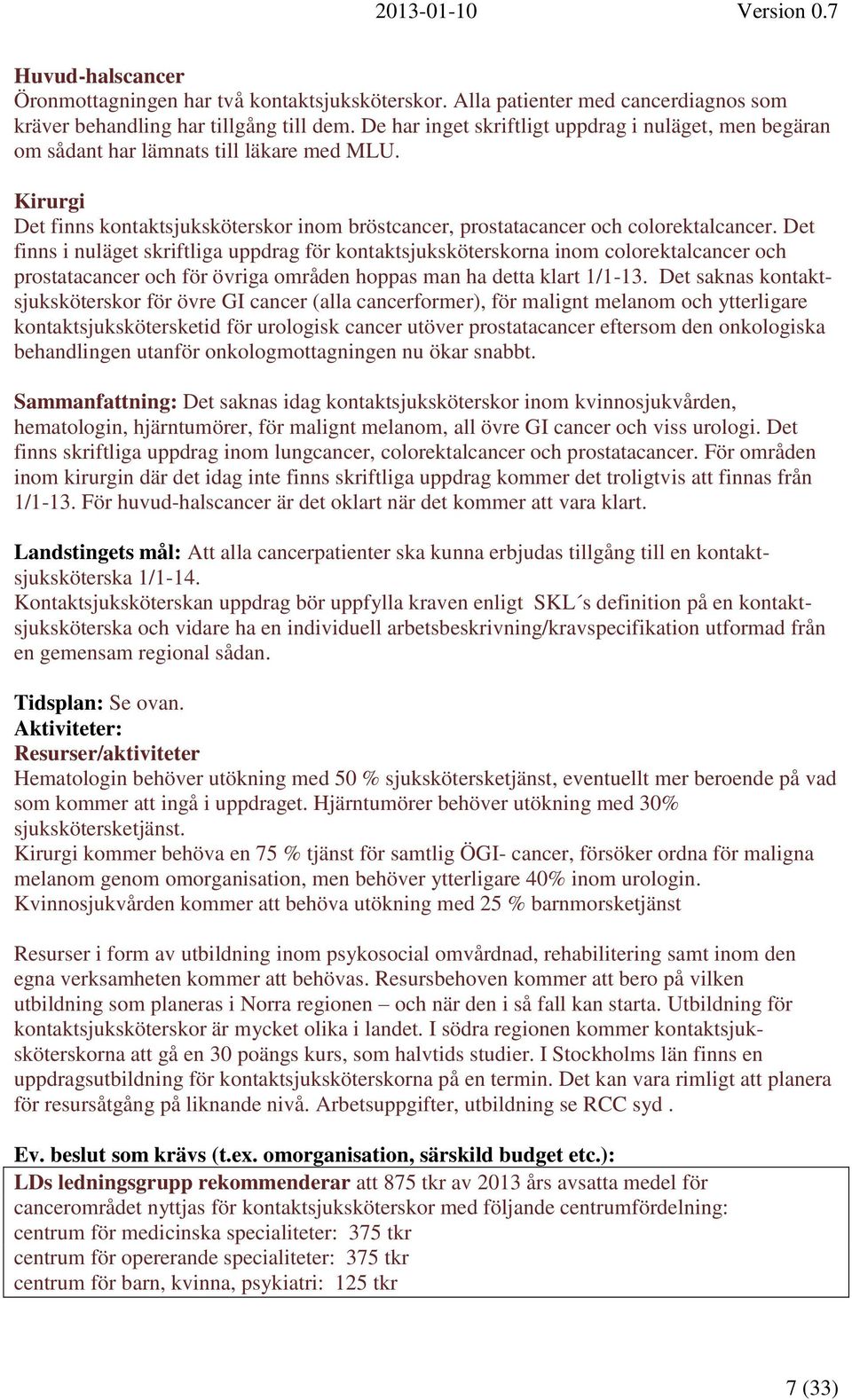 Det finns i nuläget skriftliga uppdrag för kontaktsjuksköterskorna inom colorektalcancer och prostatacancer och för övriga områden hoppas man ha detta klart 1/1-13.