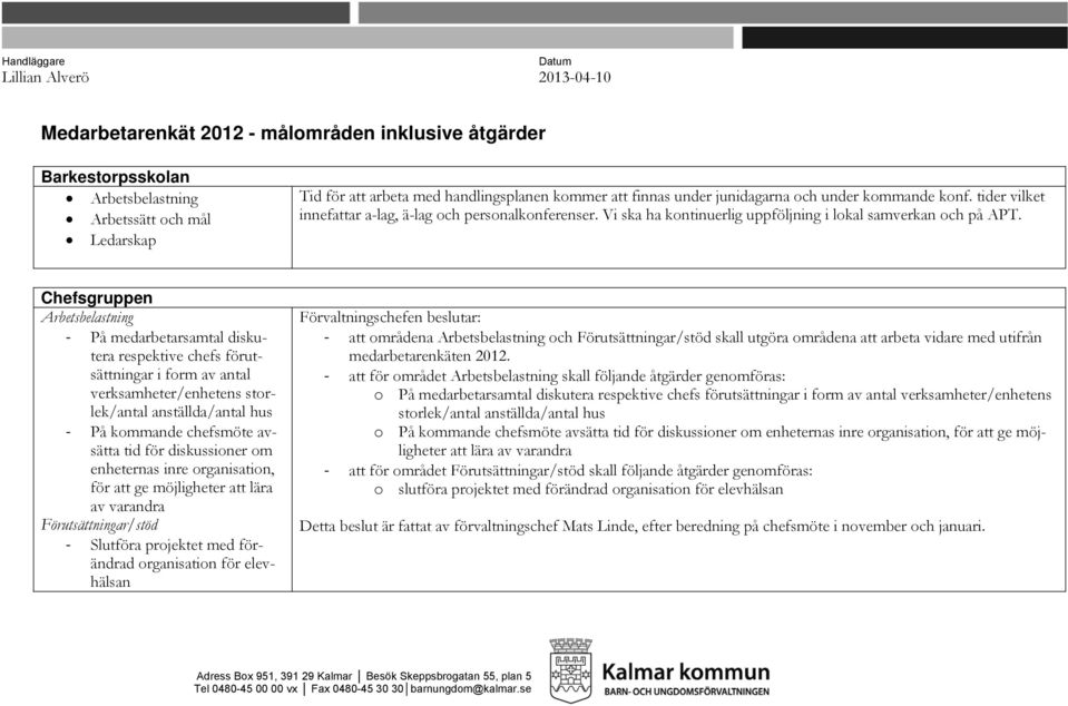 Chefsgruppen På medarbetarsamtal diskutera respektive chefs förutsättningar i form av antal verksamheter/enhetens storlek/antal anställda/antal hus På kommande chefsmöte avsätta tid för diskussioner