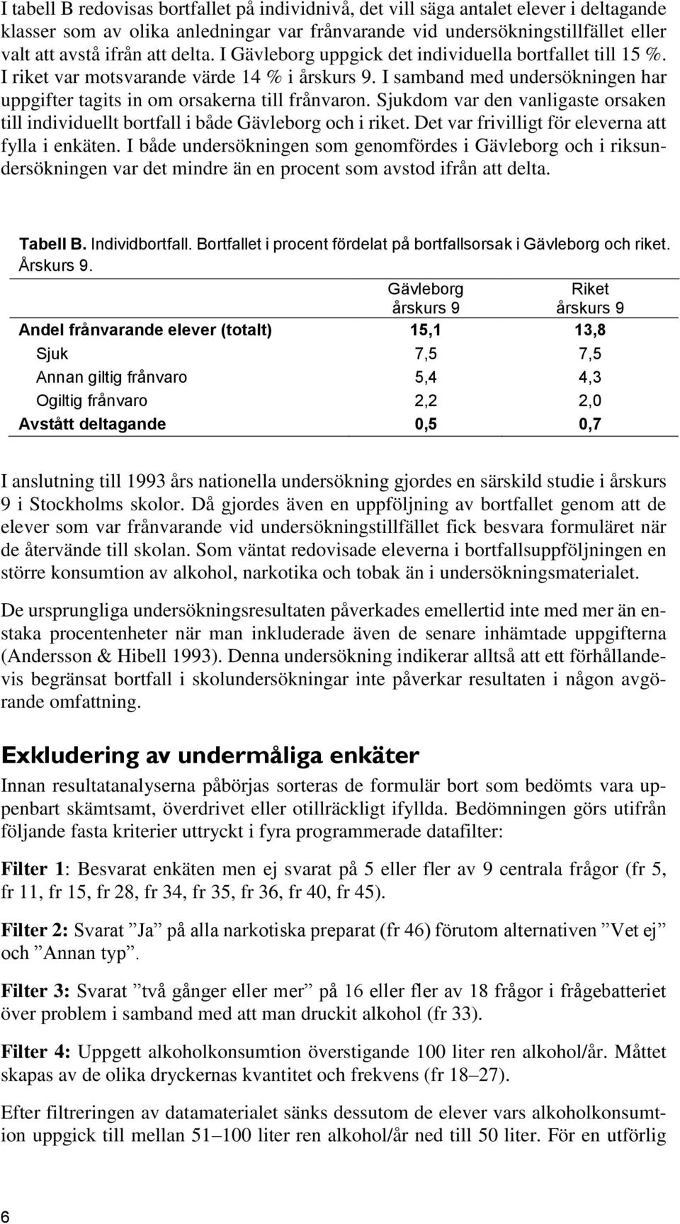 Sjukdom var den vanligaste orsaken till individuellt bortfall i både Gävleborg och i riket. Det var frivilligt för eleverna att fylla i enkäten.