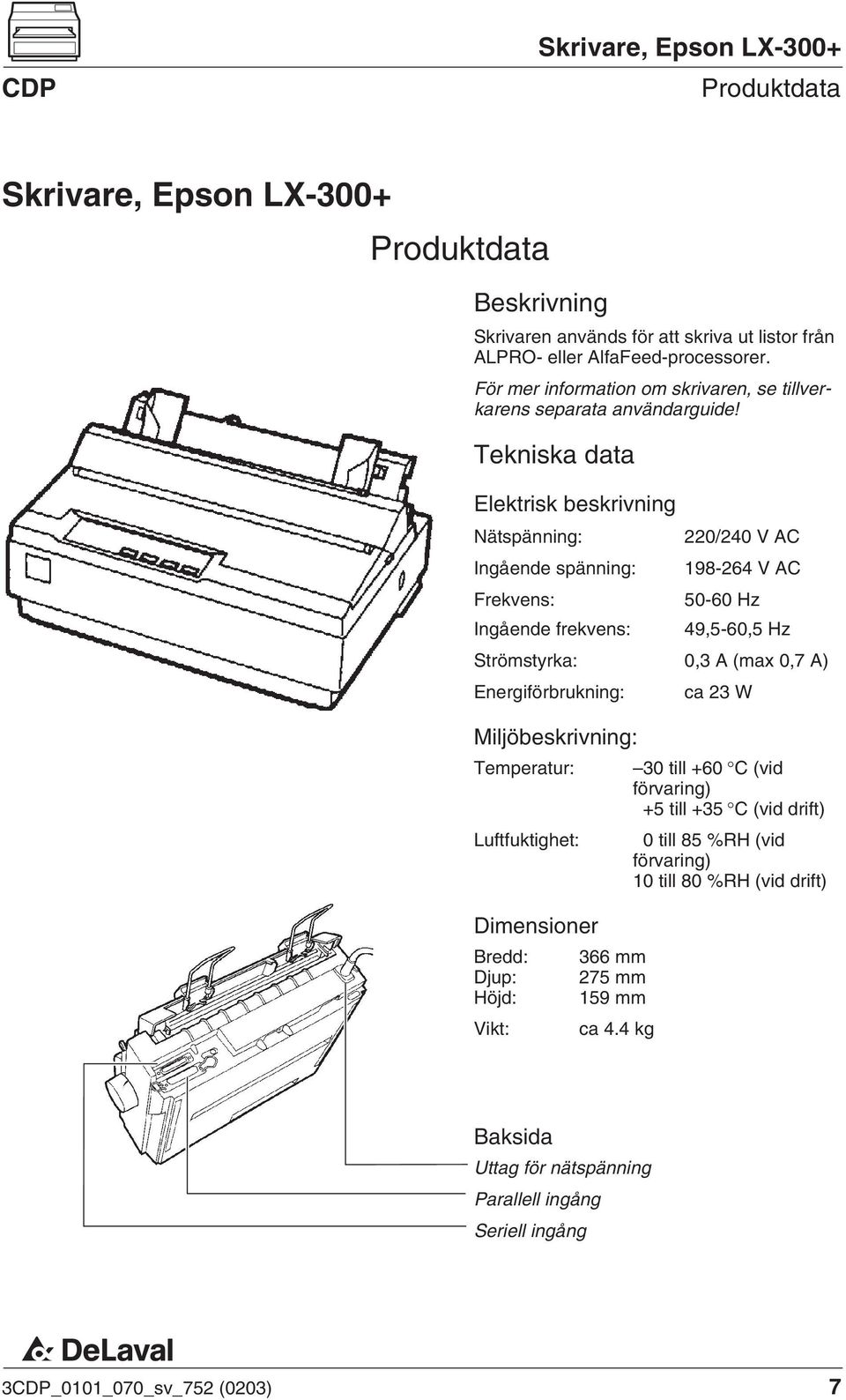 Tekniska data Elektrisk beskrivning Nätspänning: 220/240 V AC Ingående spänning: 198-264 V AC Frekvens: 50-60 Hz Ingående frekvens: 49,5-60,5 Hz Strömstyrka: 0,3 A (max 0,7 A)