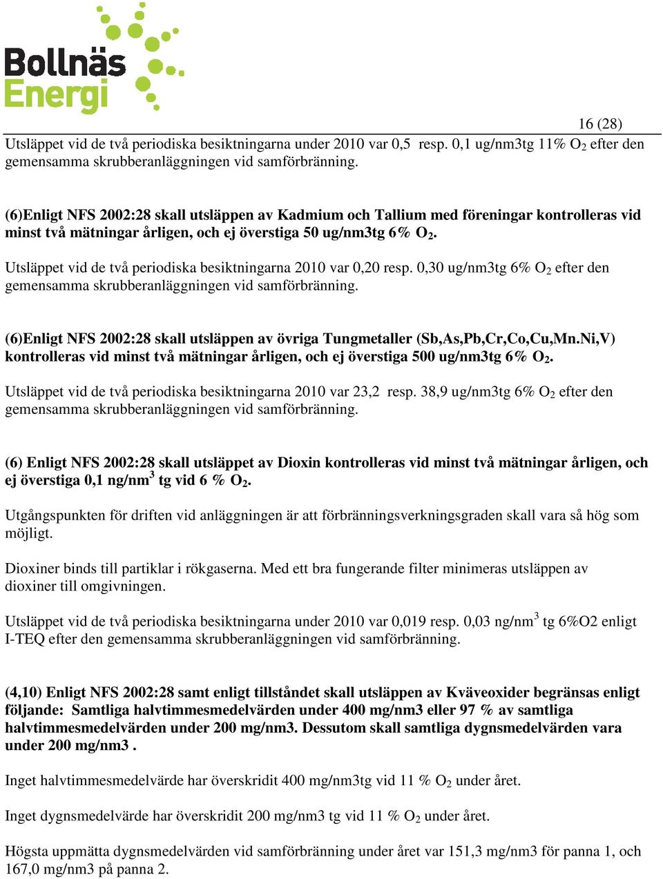 Utsläppet vid de två periodiska besiktningarna 2010 var 0,20 resp. 0,30 ug/nm3tg 6% O 2 efter den gemensamma skrubberanläggningen vid samförbränning.