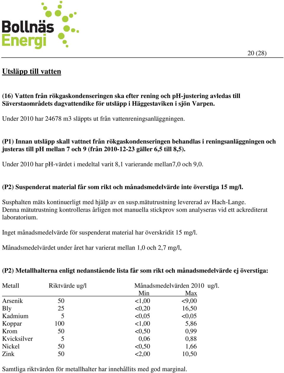 (P1) Innan utsläpp skall vattnet från rökgaskondenseringen behandlas i reningsanläggningen och justeras till ph mellan 7 och 9 (från 2010-12-23 gäller 6,5 till 8,5).