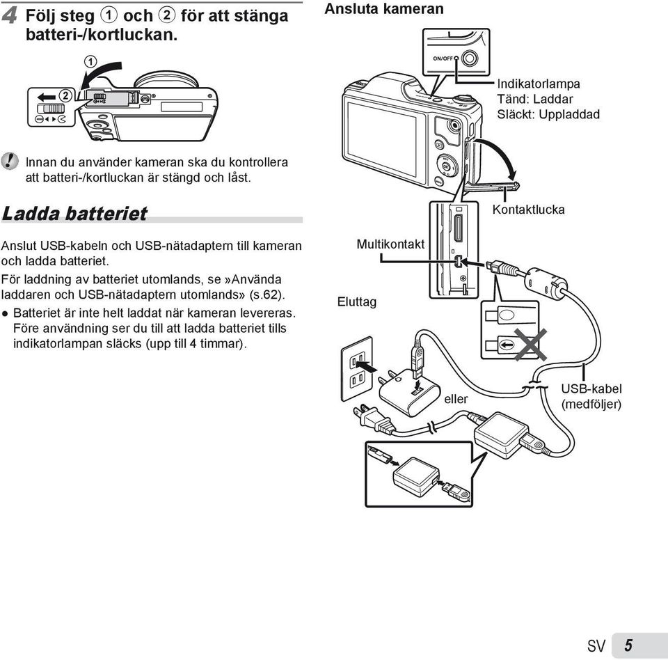 låst. Ladda batteriet Kontaktlucka Anslut USB-kabeln och USB-nätadaptern till kameran och ladda batteriet.