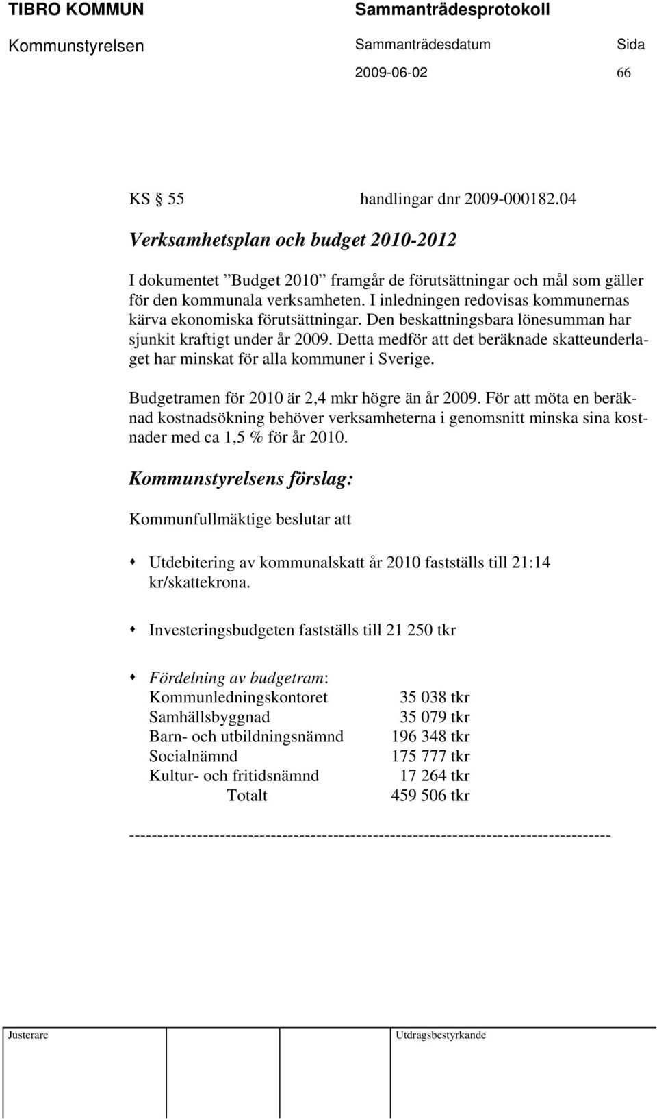Detta medför att det beräknade skatteunderlaget har minskat för alla kommuner i Sverige. Budgetramen för 2010 är 2,4 mkr högre än år 2009.