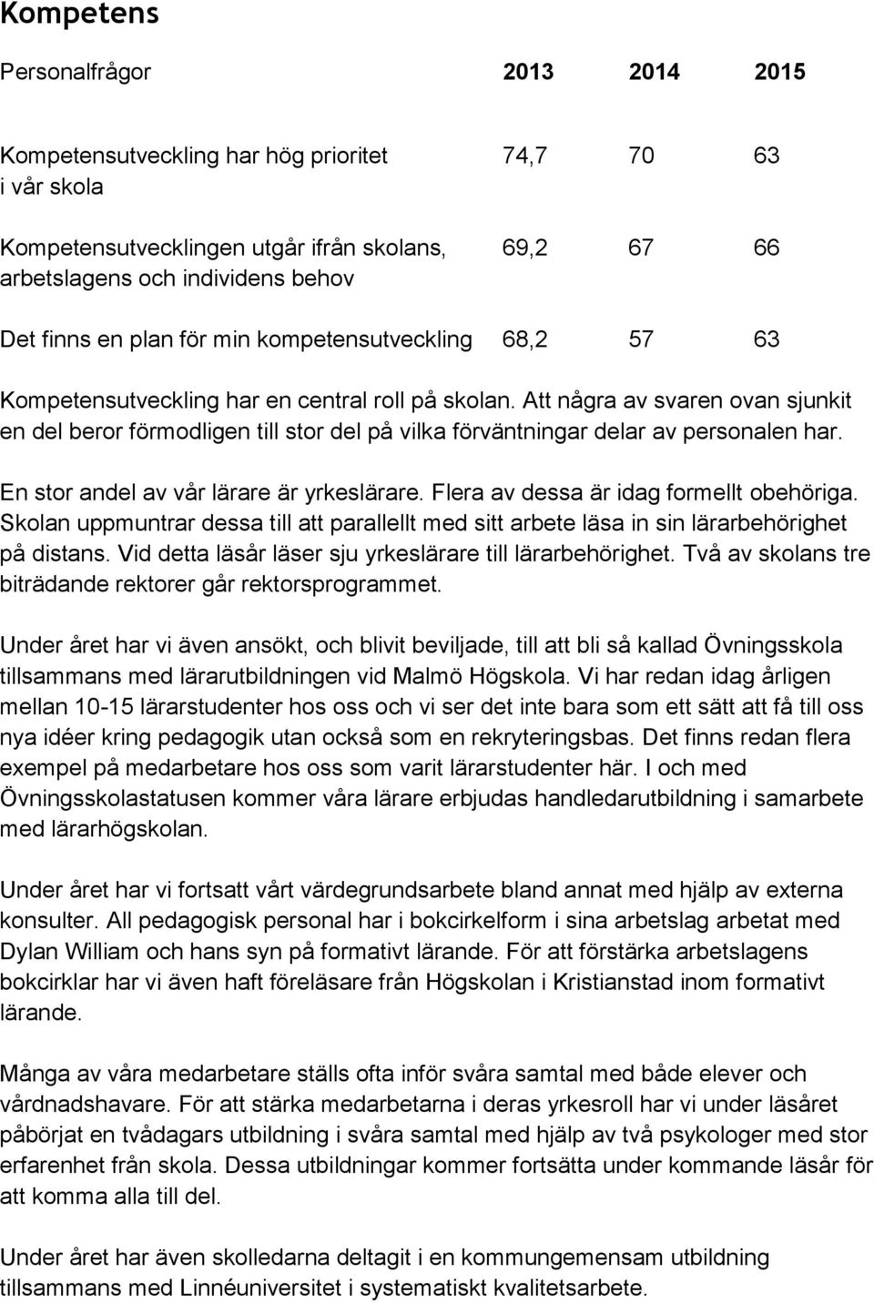 Att några av svaren ovan sjunkit en del beror förmodligen till stor del på vilka förväntningar delar av personalen har. En stor andel av vår lärare är yrkeslärare.