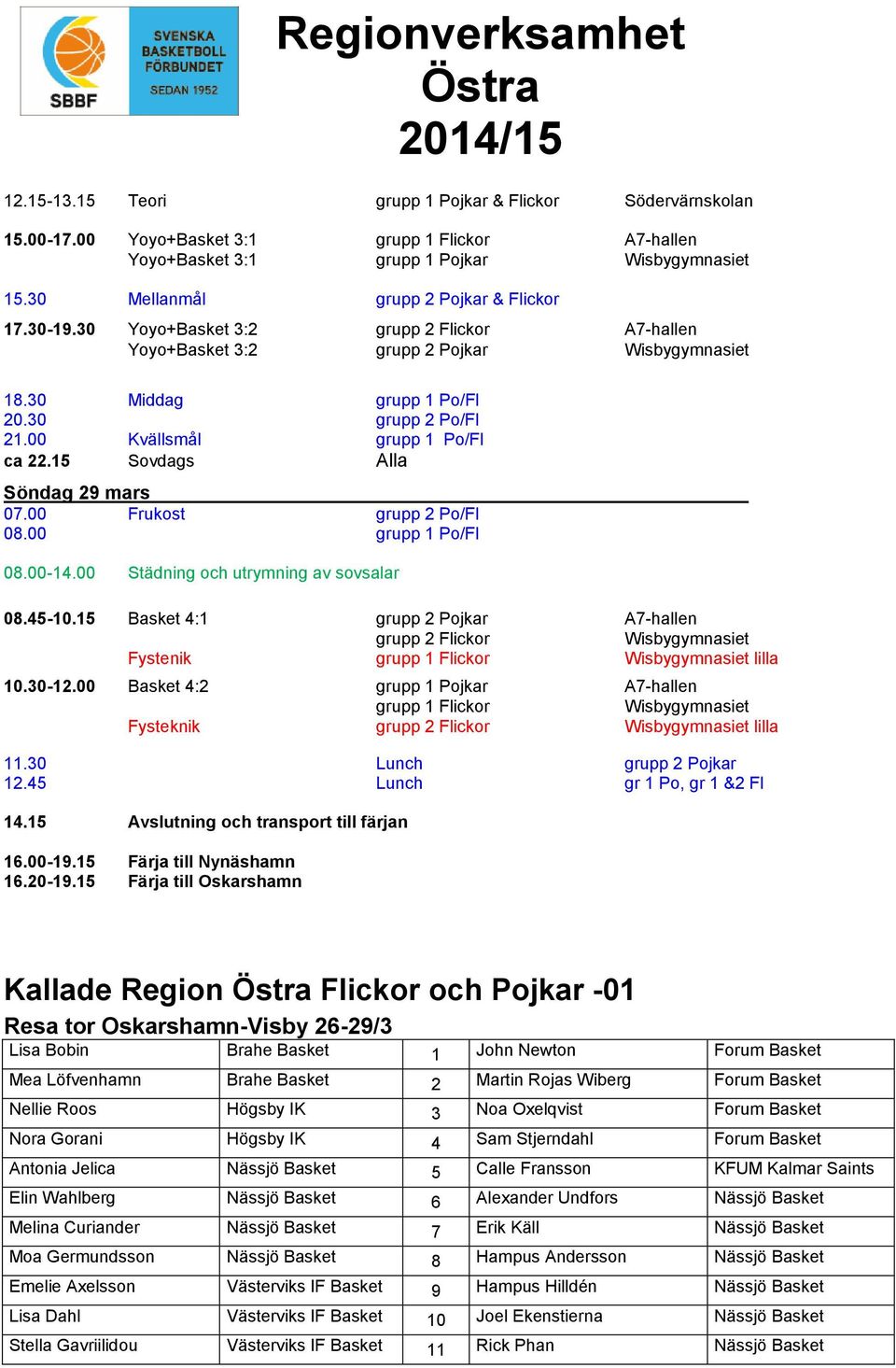 00 Kvällsmål grupp 1 Po/Fl ca 22.15 Sovdags Alla Söndag 29 mars 07.00 Frukost grupp 2 Po/Fl 08.00 grupp 1 Po/Fl 08.00-14.00 Städning och utrymning av sovsalar 08.45-10.